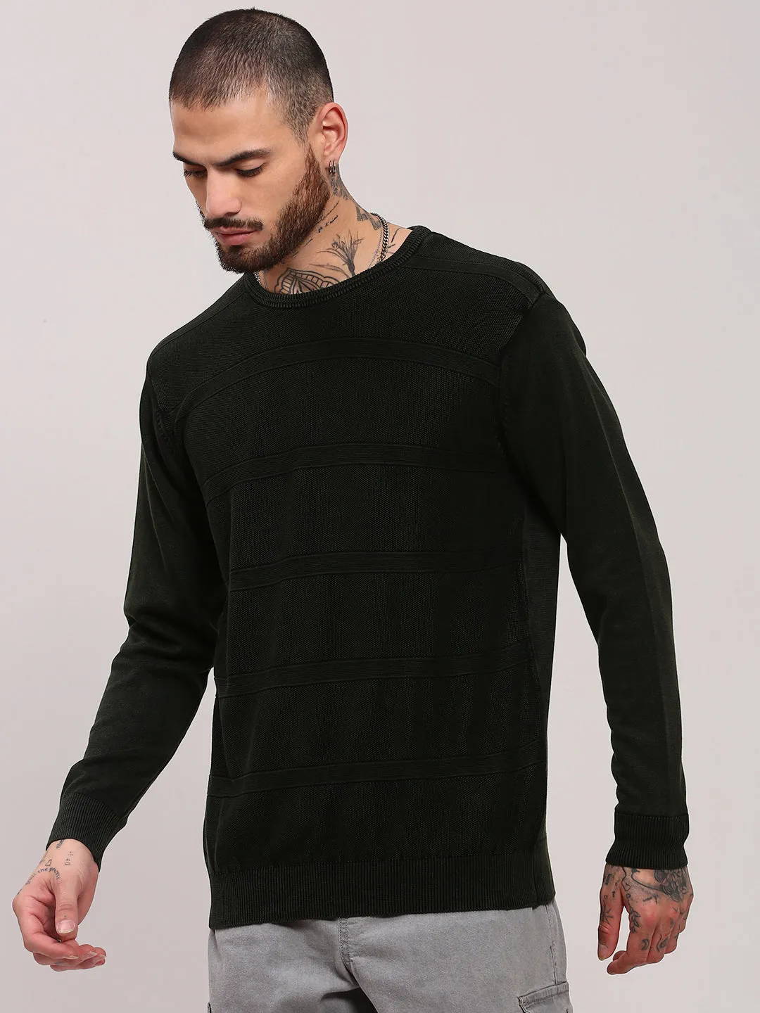 Men's Olive Round Neck Pullover Cotton Sweater Circular Knit Sustainability Guide