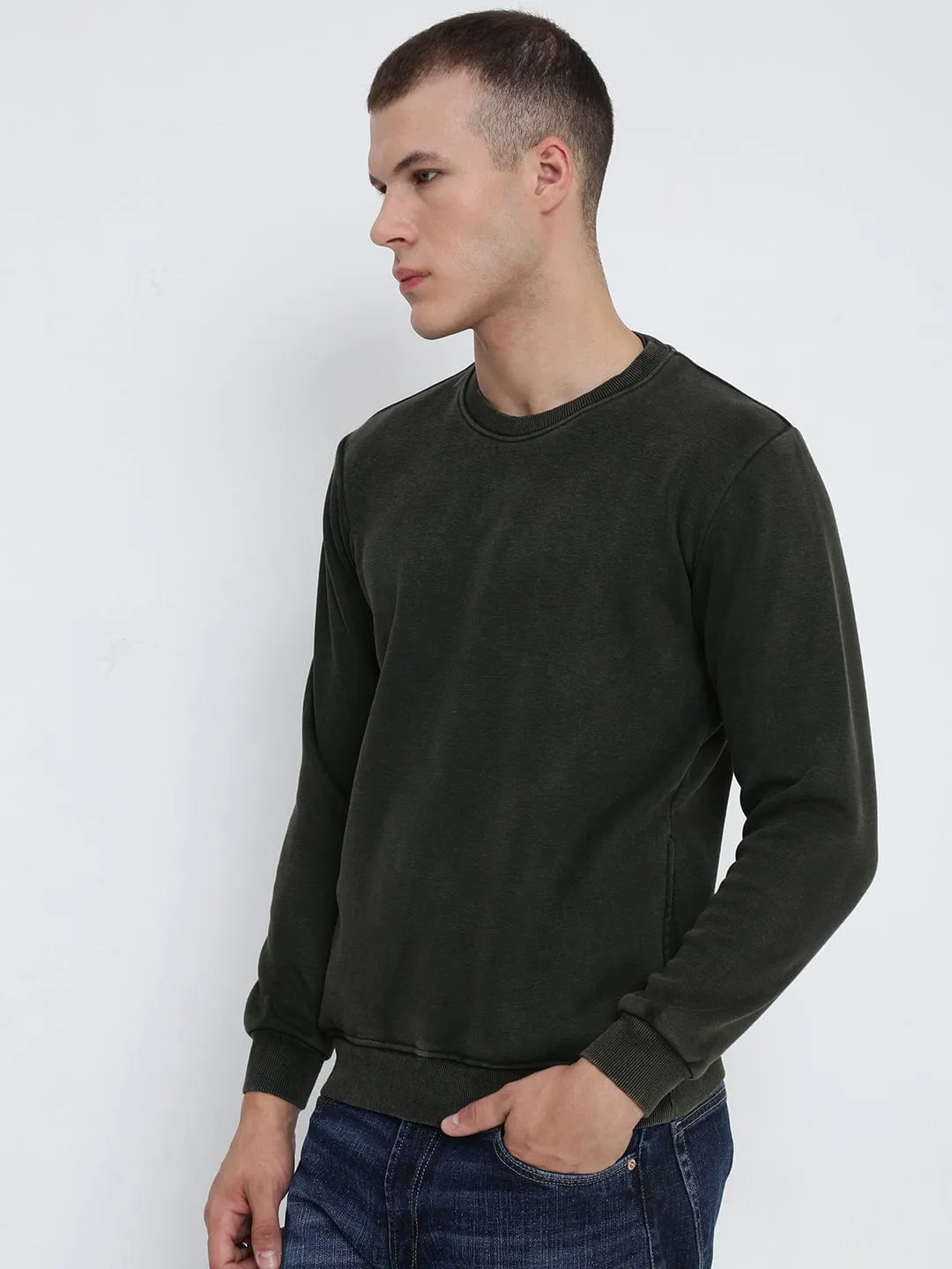 Men's Olive Round Neck Sweatshirt with Insert Pocket Yoga Friendly