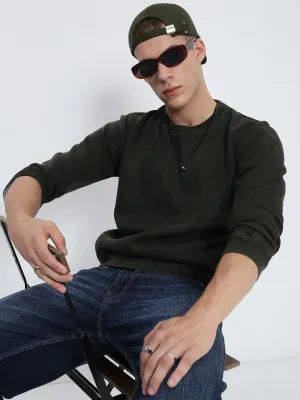 Men's Olive Round Neck Sweatshirt with Insert Pocket Vintage Style Stylish Wear