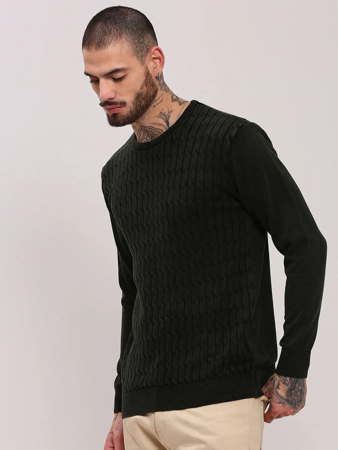 Men's Olive Solid Casual Sweater Microfiber Inner Layer