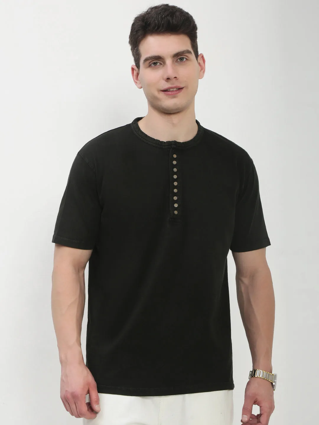product shiny sparkle product formal casual harmony Men's Olive Solid Henley Collar T-Shirt