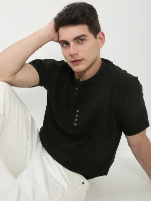 Men's Olive Solid Henley Collar T-Shirt Performance Wear Outdoor Sporty