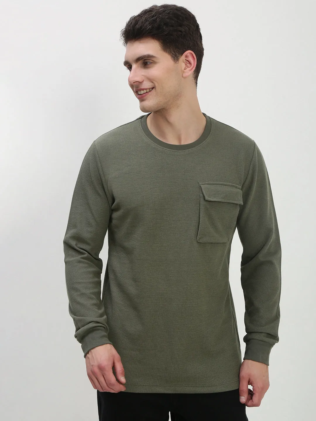 Cozy Basics Men's Olive Solid Round Neck T-Shirt