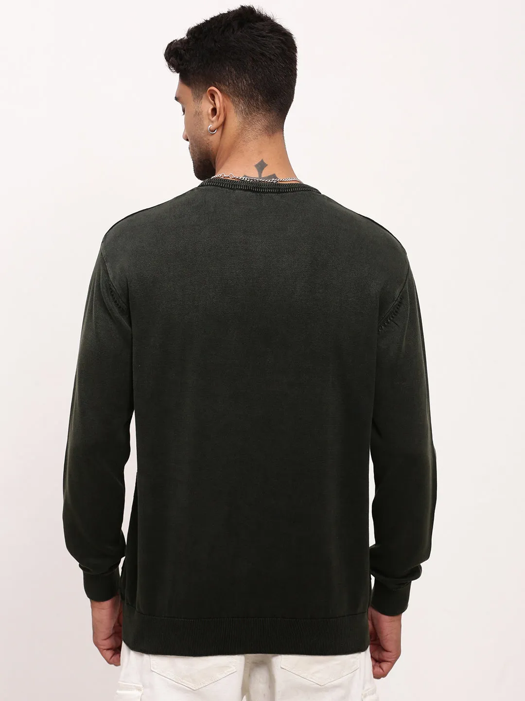 Men's Olive Solid Sweater Subtle Detail