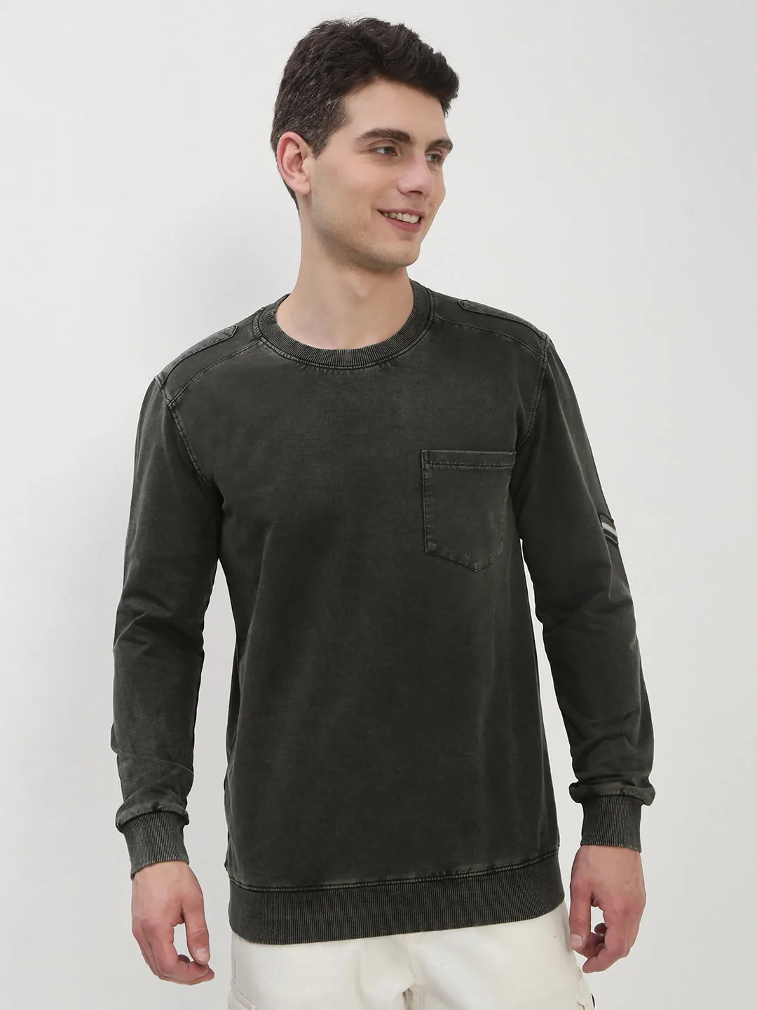 Men's Olive Solid Sweatshirt quick-drying Wrinkle Resistant