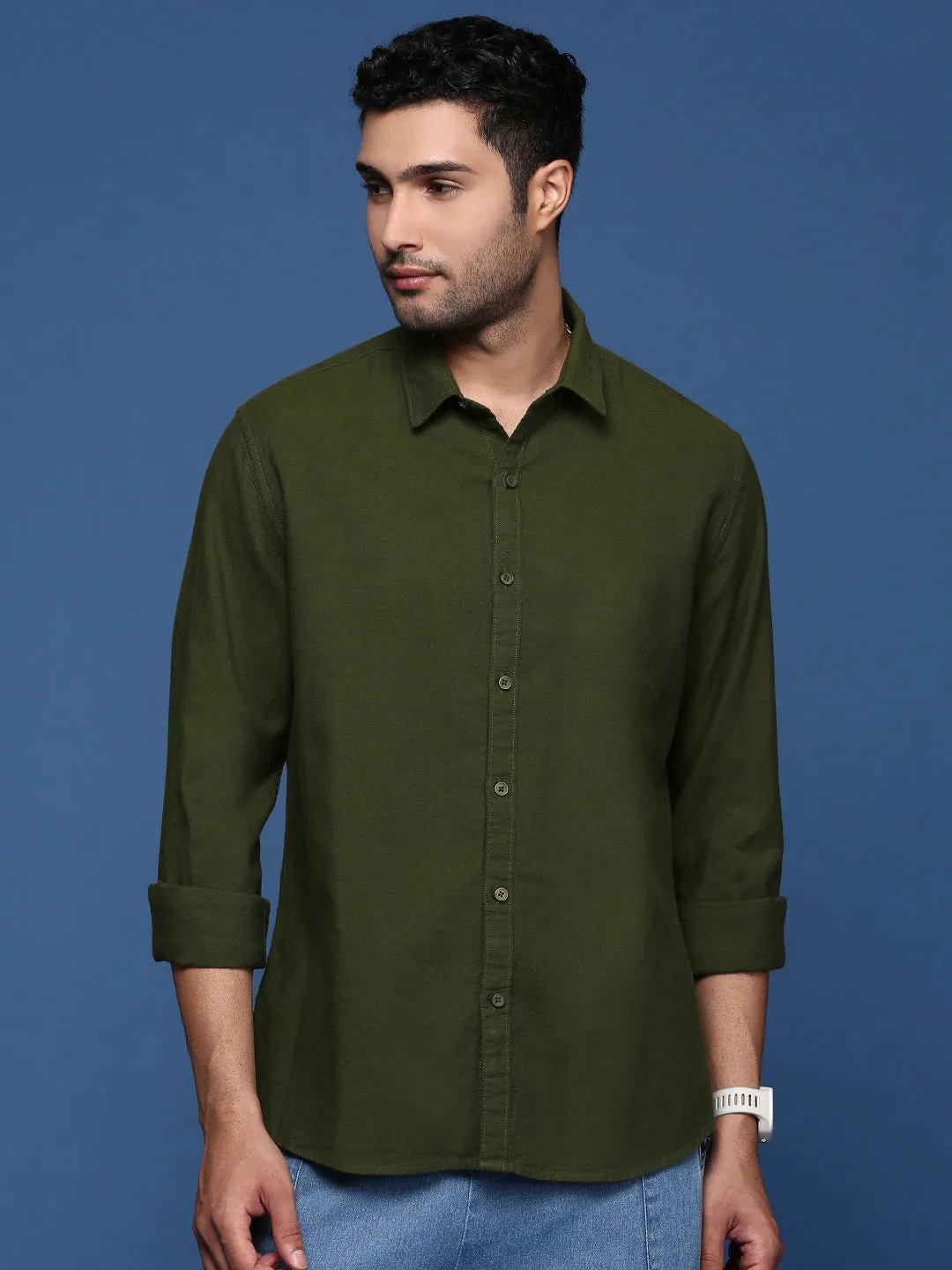 Design Glow Men's Olive Standard Slim Fit Opaque Casual Shirt