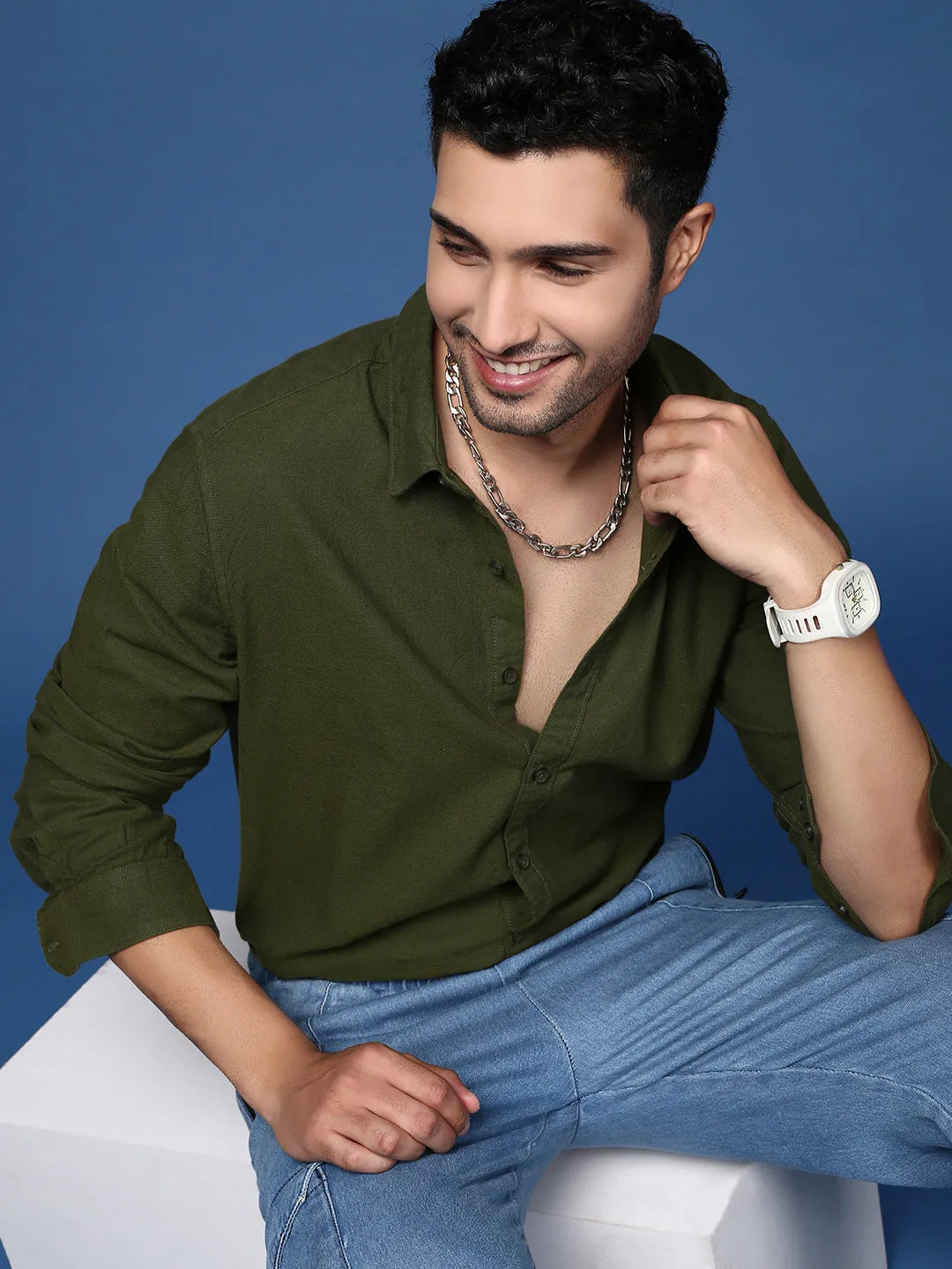 Men's Olive Standard Slim Fit Opaque Casual Shirt Polish Core Surf Mood