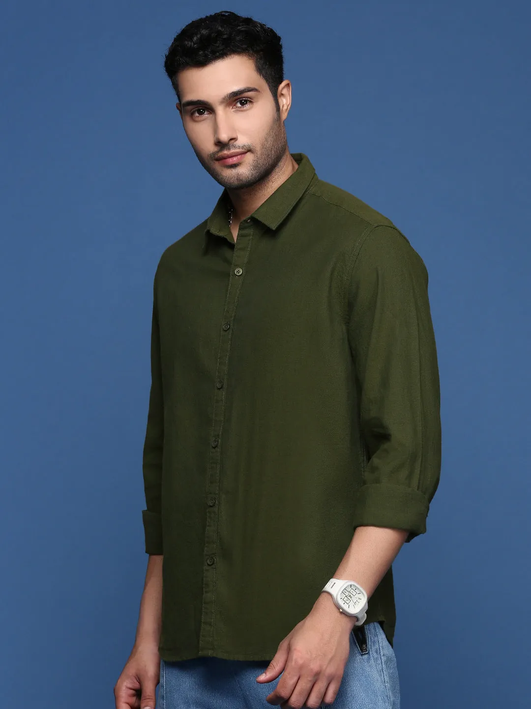 Men's Olive Standard Slim Fit Opaque Casual Shirt Streetwear Style