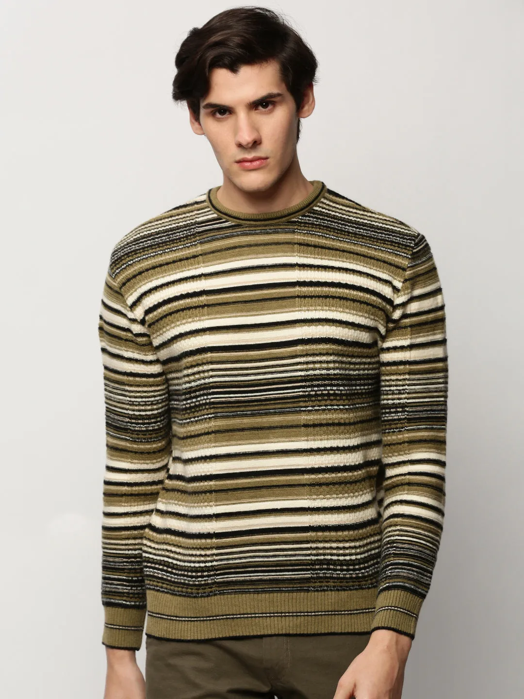 Men's Olive Striped Acrylic Pullover Drop Shoulder Design Warm Essentials