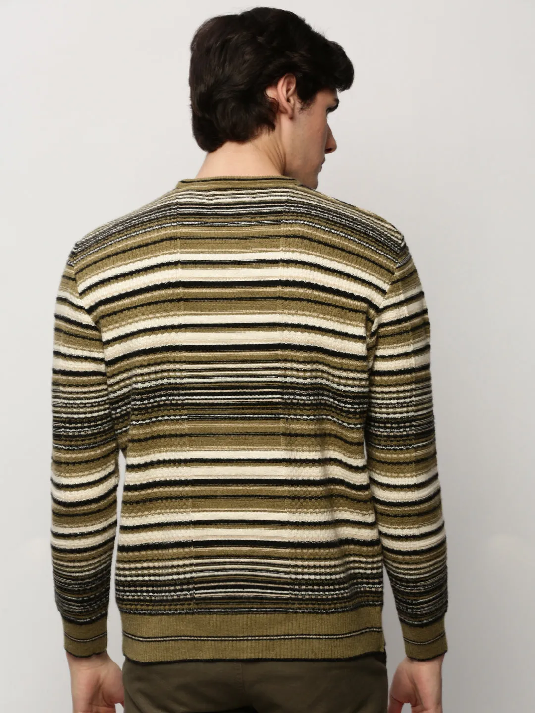 Home Warmth Stylish Drape Men's Olive Striped Acrylic Pullover