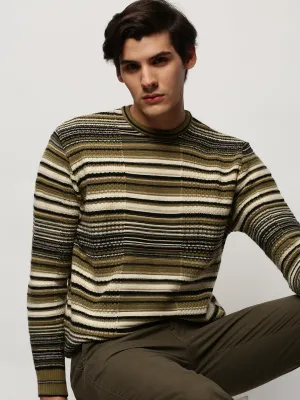 FadeResistant Yarn Men's Olive Striped Acrylic Pullover