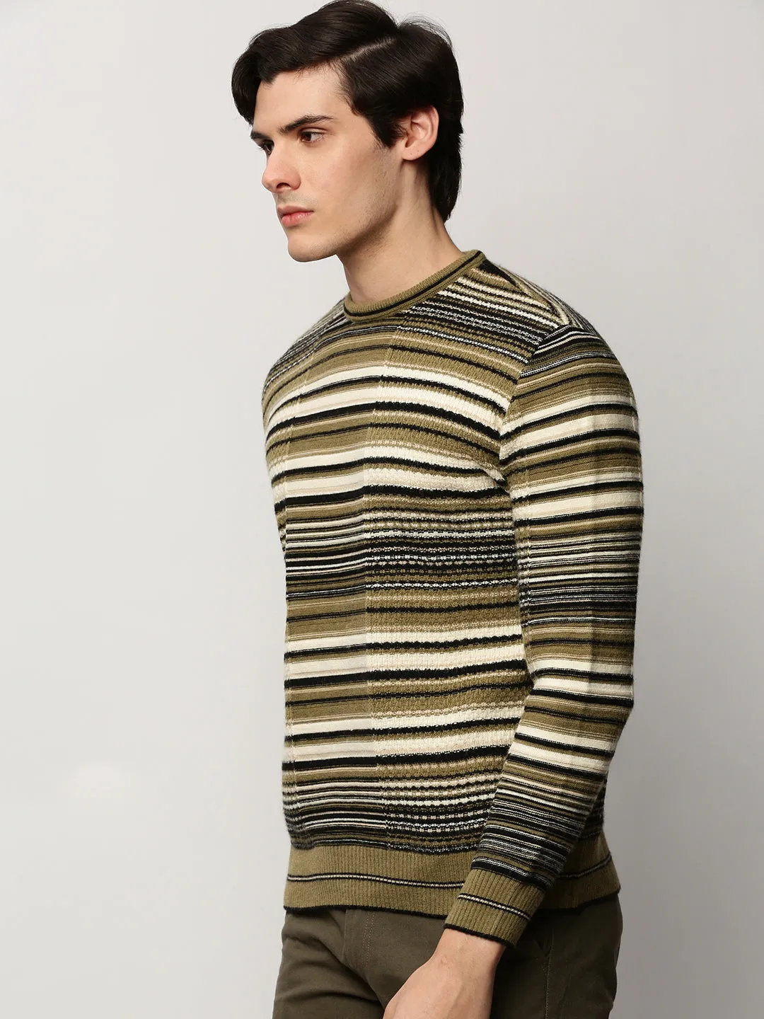 Smooth Flatlock Seams Men's Olive Striped Acrylic Pullover