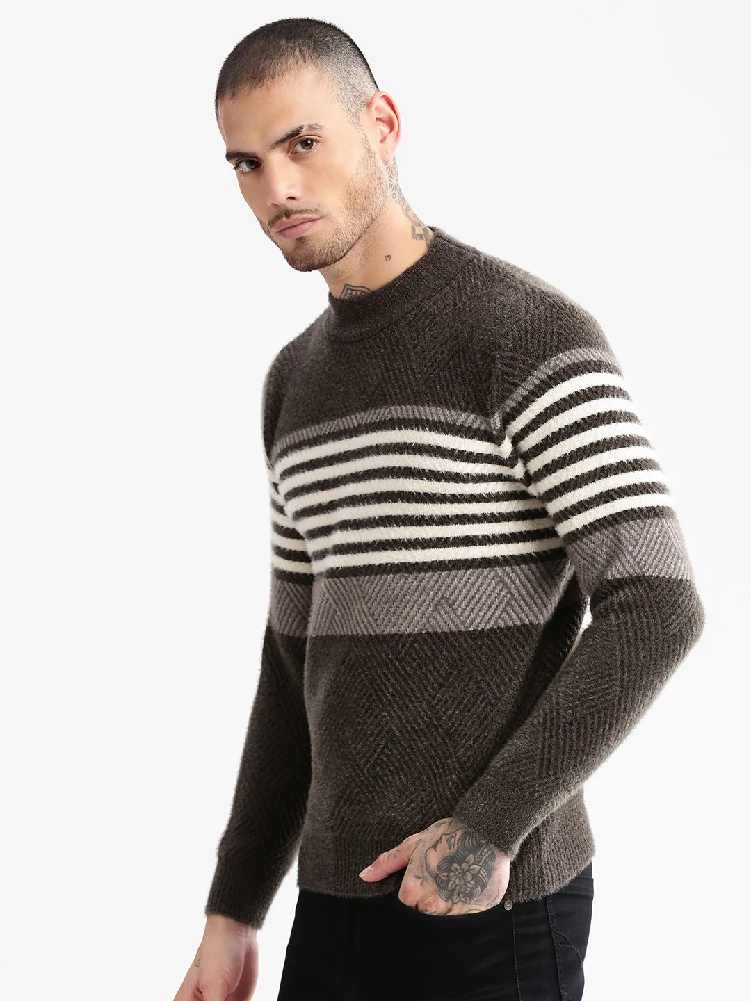 SoftTouch Material Season Ready Men's Olive Striped Acrylic Pullover
