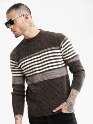Men's Olive Striped Acrylic Pullover Double Layered Cuffs Lived In