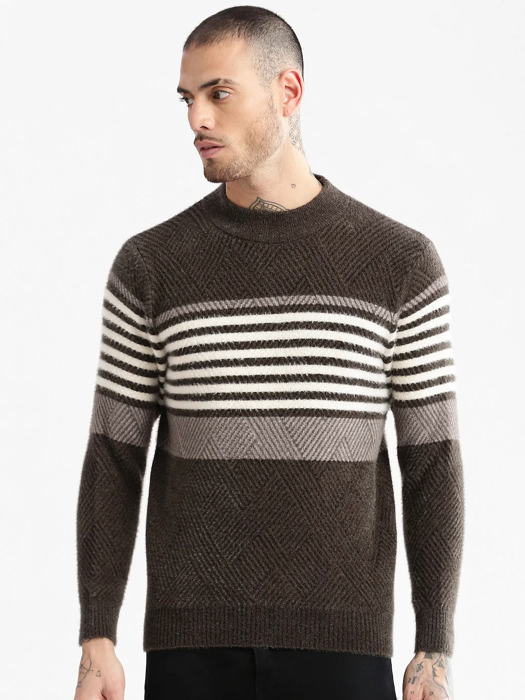 Airy Feel Men's Olive Striped Acrylic Pullover