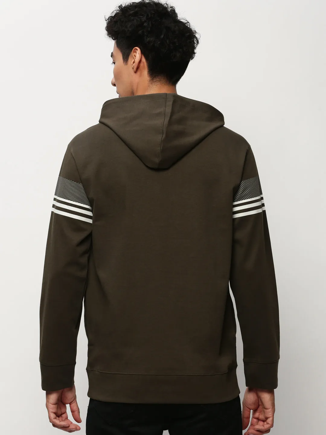 Men's Olive Striped Hooded Cotton Sweatshirt Vintage Style Graphic Design