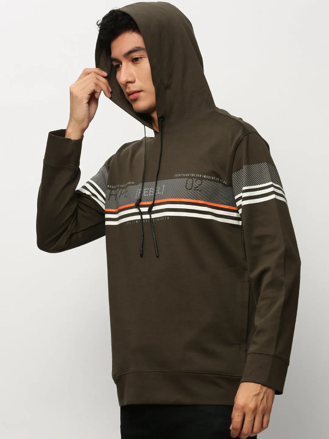 Comfy Vibe One-of-a-kind Men's Olive Striped Hooded Cotton Sweatshirt