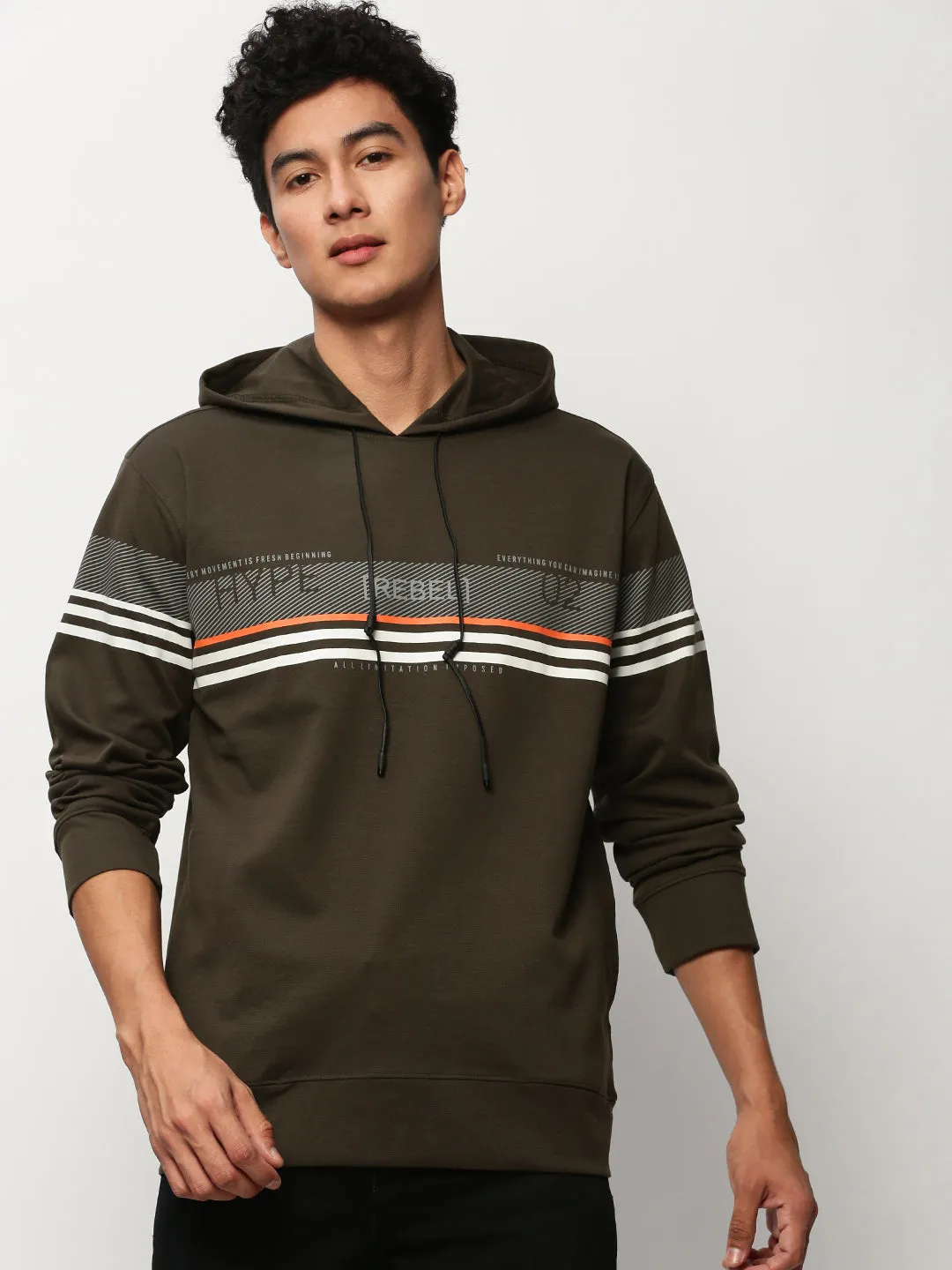 chain accents Men's Olive Striped Hooded Cotton Sweatshirt