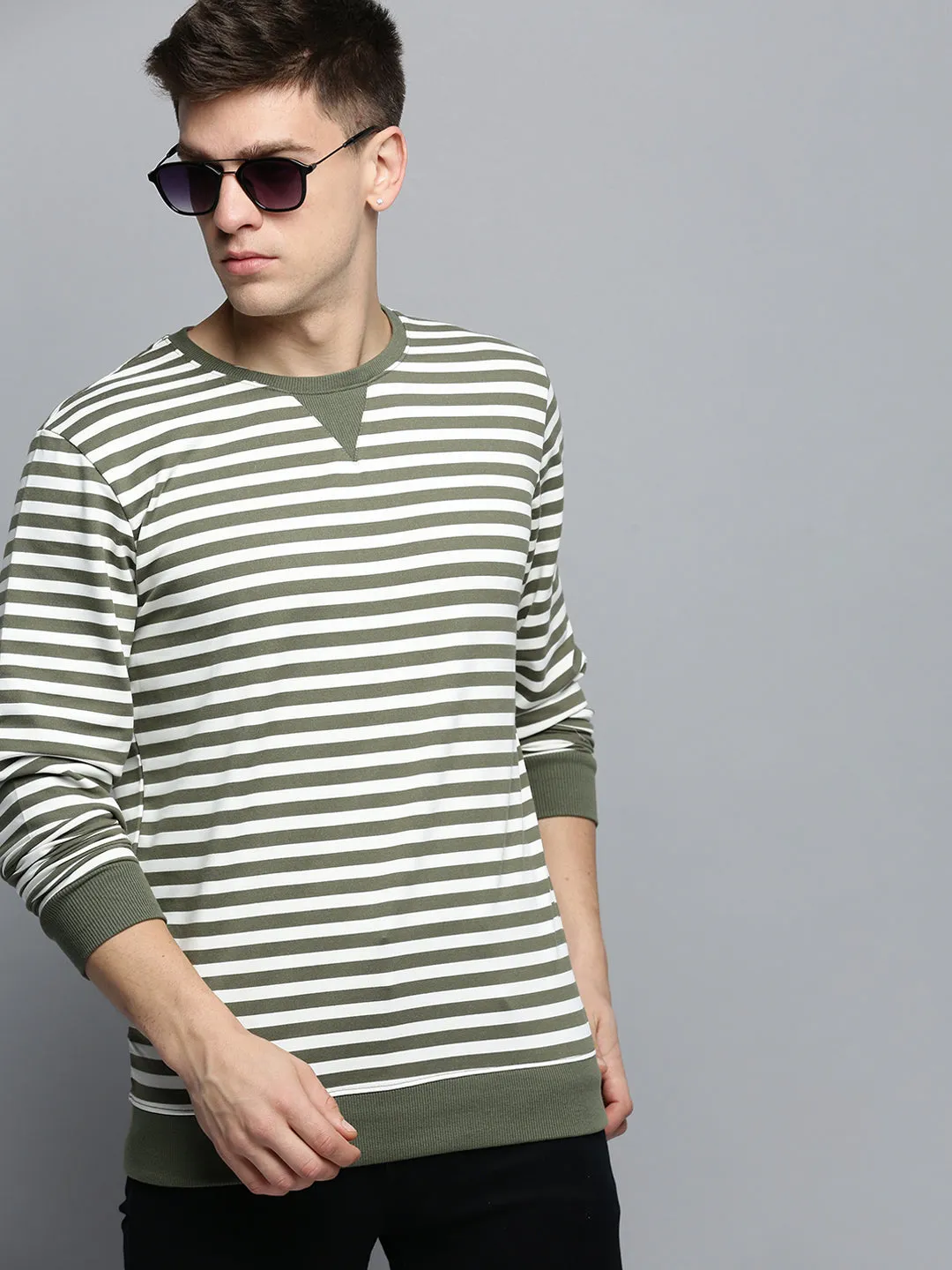 Men's Olive Striped Knitted Cotton Sweatshirt product date night charm factor Cozy Clothing Style