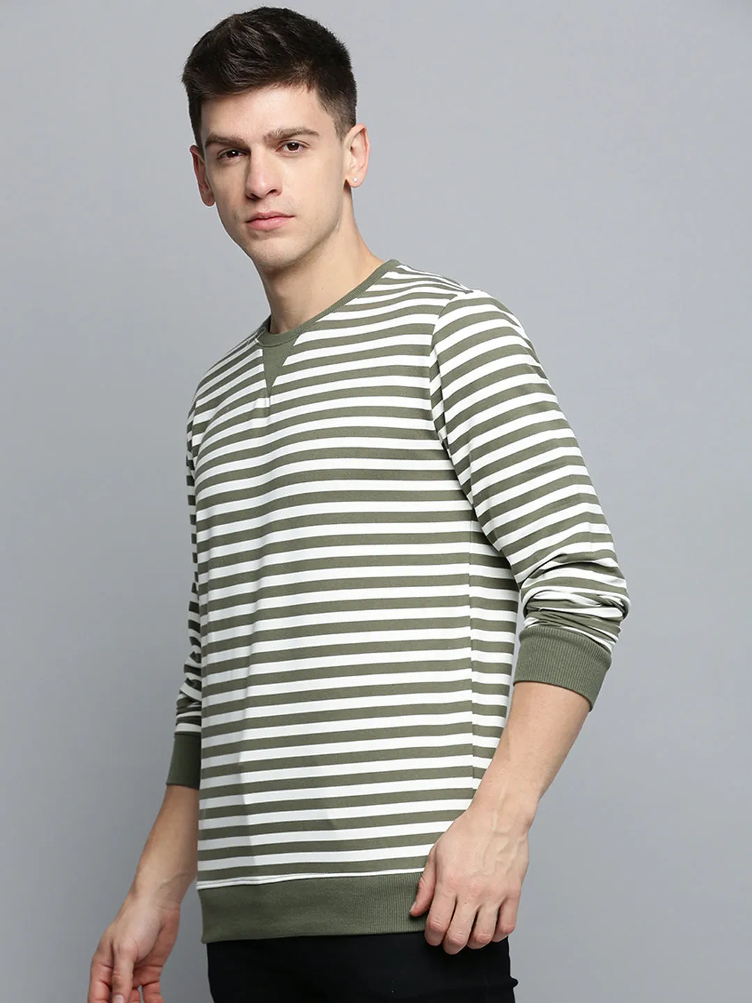 Men's Olive Striped Knitted Cotton Sweatshirt product team spirit Personalized
