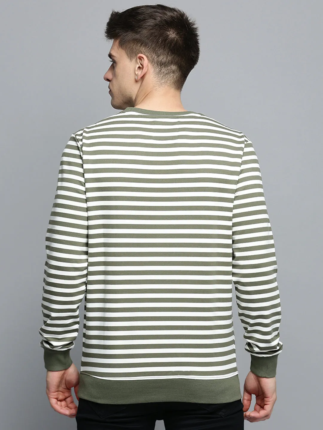 Men's Olive Striped Knitted Cotton Sweatshirt Classic Layering