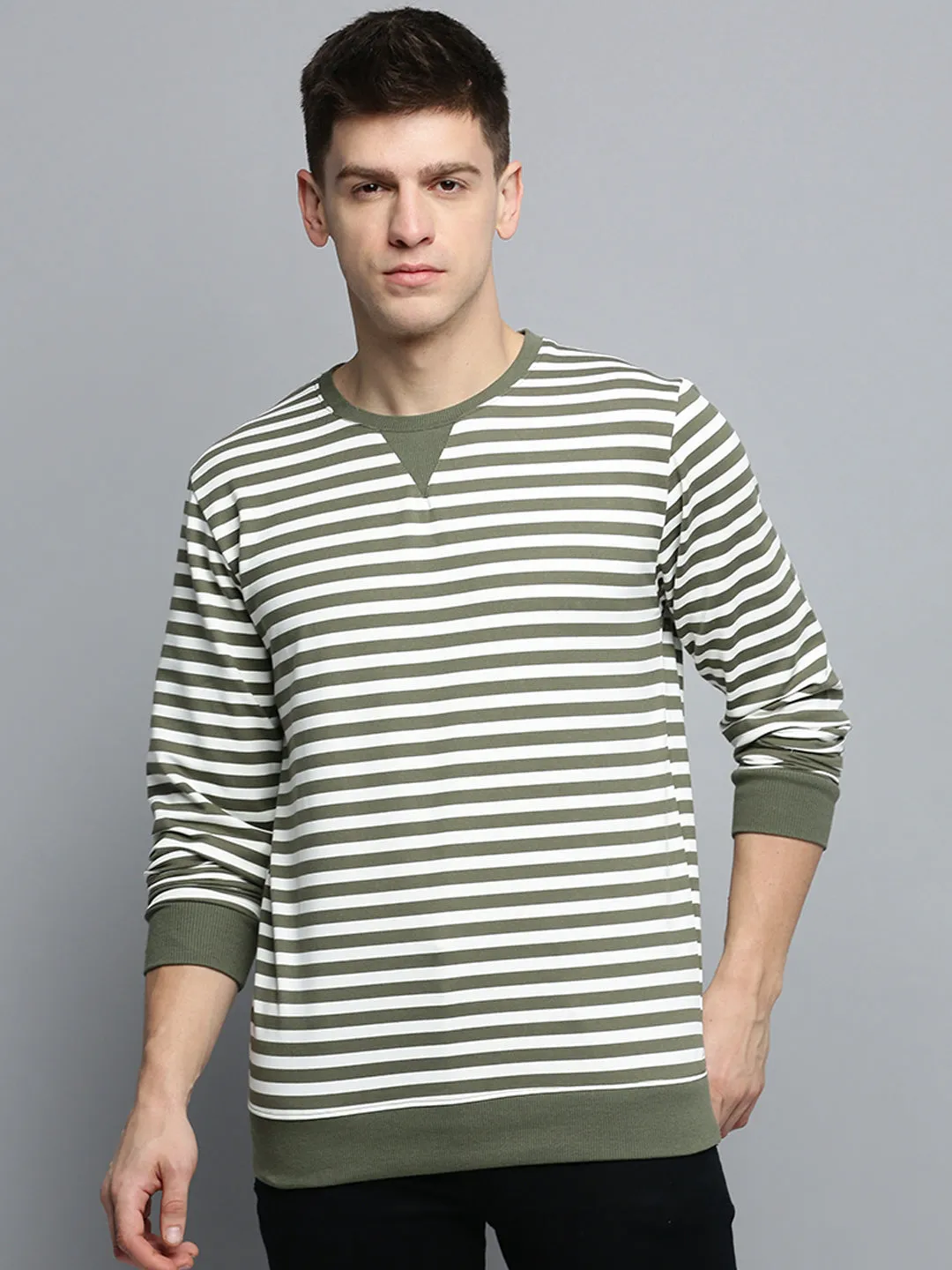 label accents Men's Olive Striped Knitted Cotton Sweatshirt