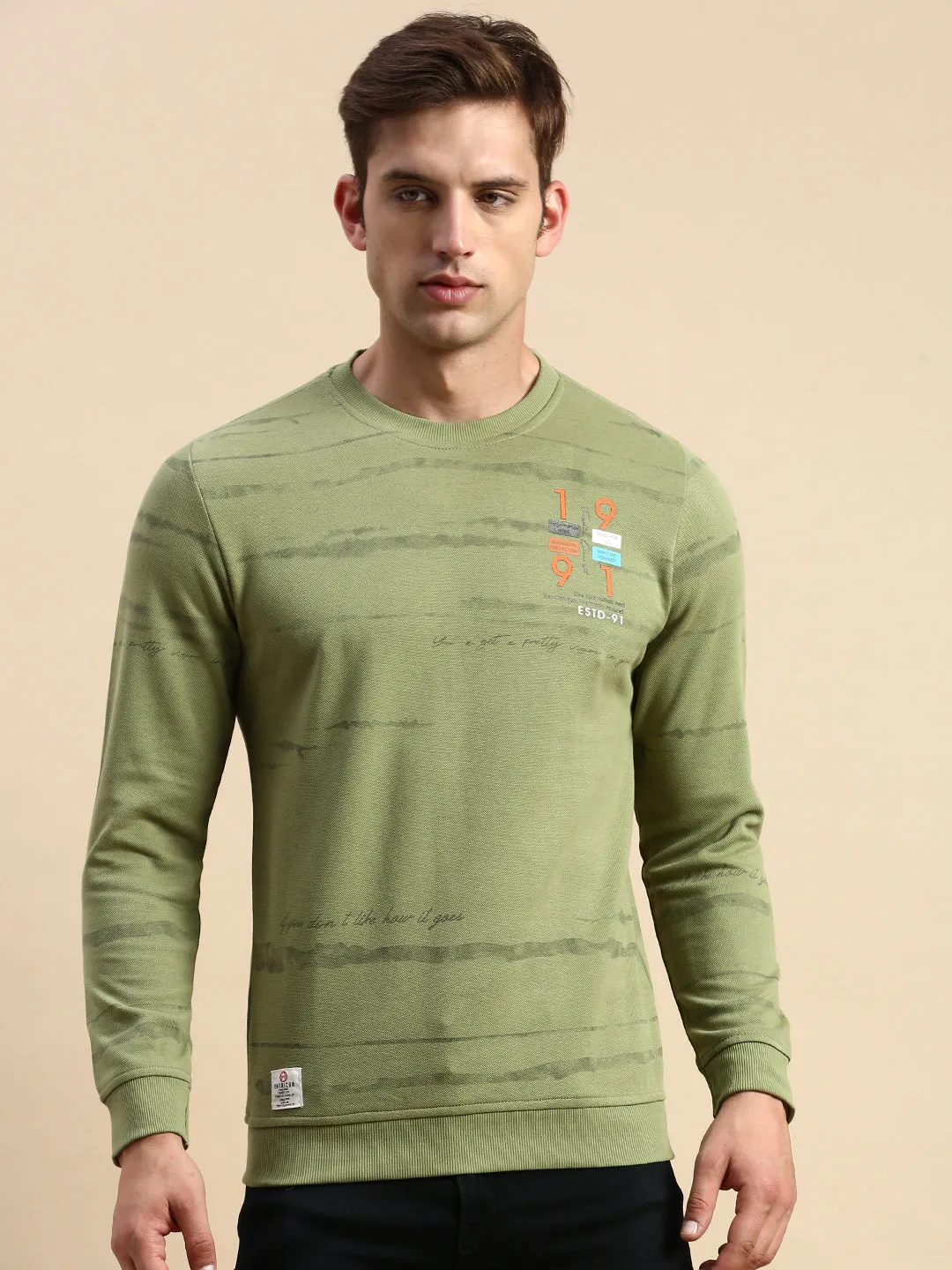 Men's Olive Striped Round Neck Cotton Sweatshirt Indoor Wear product premium quality assurance