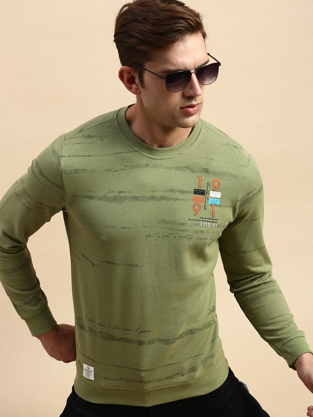 product generic practicality buckle accents Men's Olive Striped Round Neck Cotton Sweatshirt