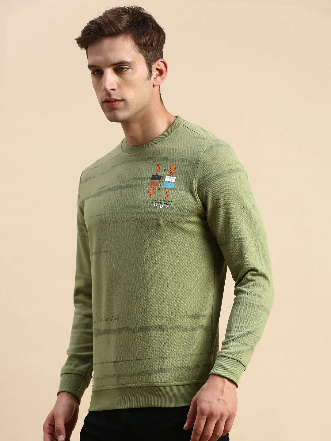 Men's Olive Striped Round Neck Cotton Sweatshirt Cozy Street Style Relaxed Style