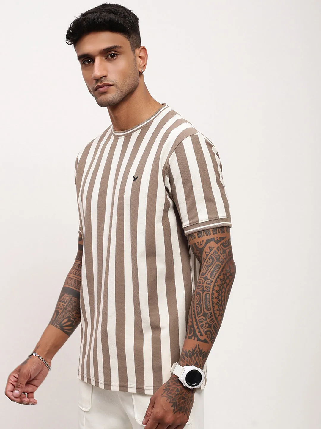 product affordable accessibility Men's Olive Striped Round Neck Cotton T-Shirt