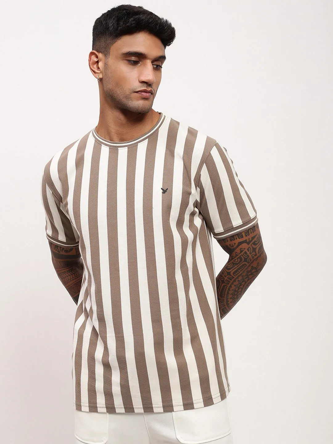 Active Design Men's Olive Striped Round Neck Cotton T-Shirt