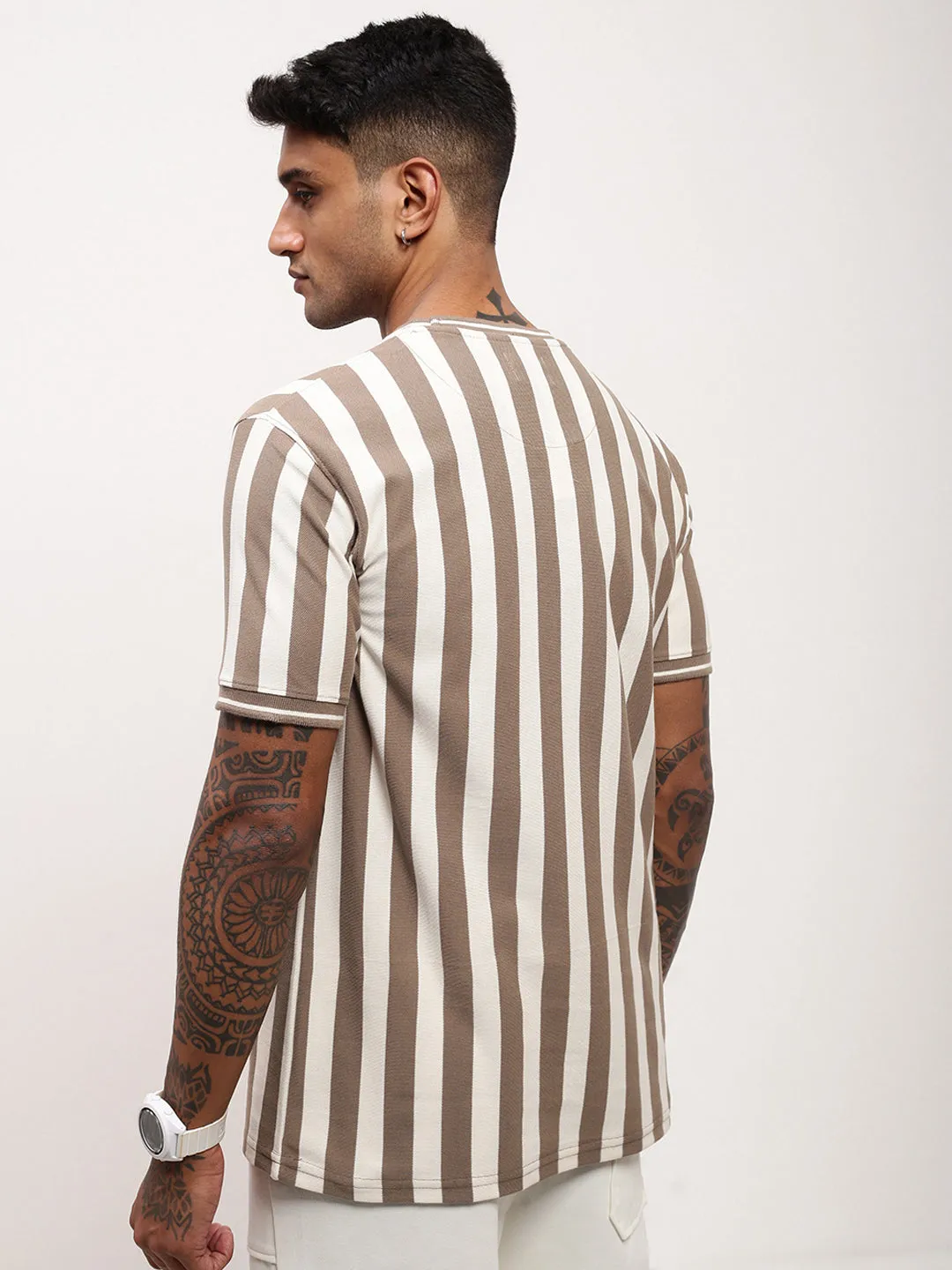 Men's Olive Striped Round Neck Cotton T-Shirt good for rainy days