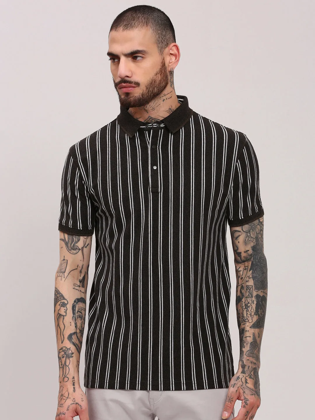 EcoFriendlyDyeProcess SplitHemDesign Men's Olive Striped T-Shirt