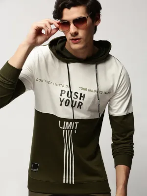 Men's Olive Typography Printed Hooded Cotton Sweatshirt Fashionable Hoodie