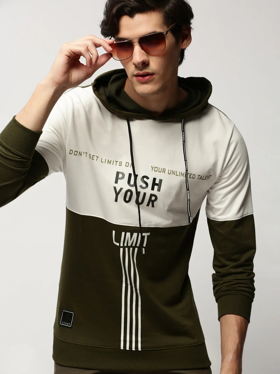 Men's Olive Typography Printed Hooded Cotton Sweatshirt Fashionable Hoodie