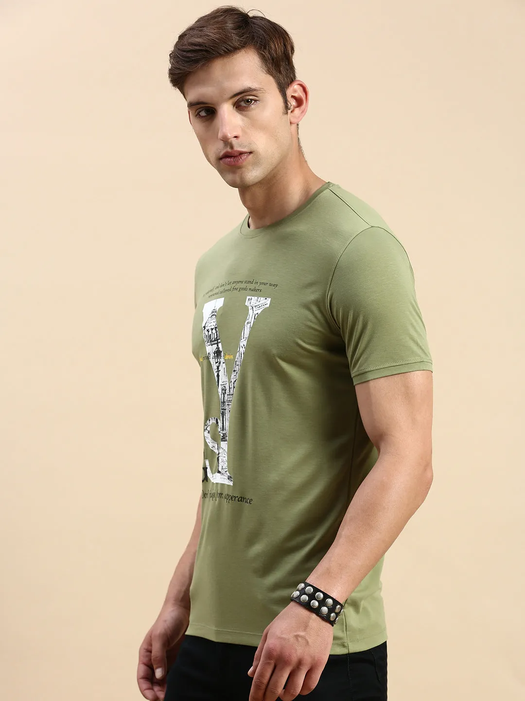 Trendy Design Men's Olive Typography Printed Slim Fit T-shirt