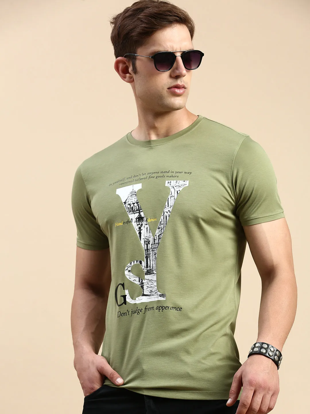 Men's Olive Typography Printed Slim Fit T-shirt product lanyard visibility Water-Repellent Finish
