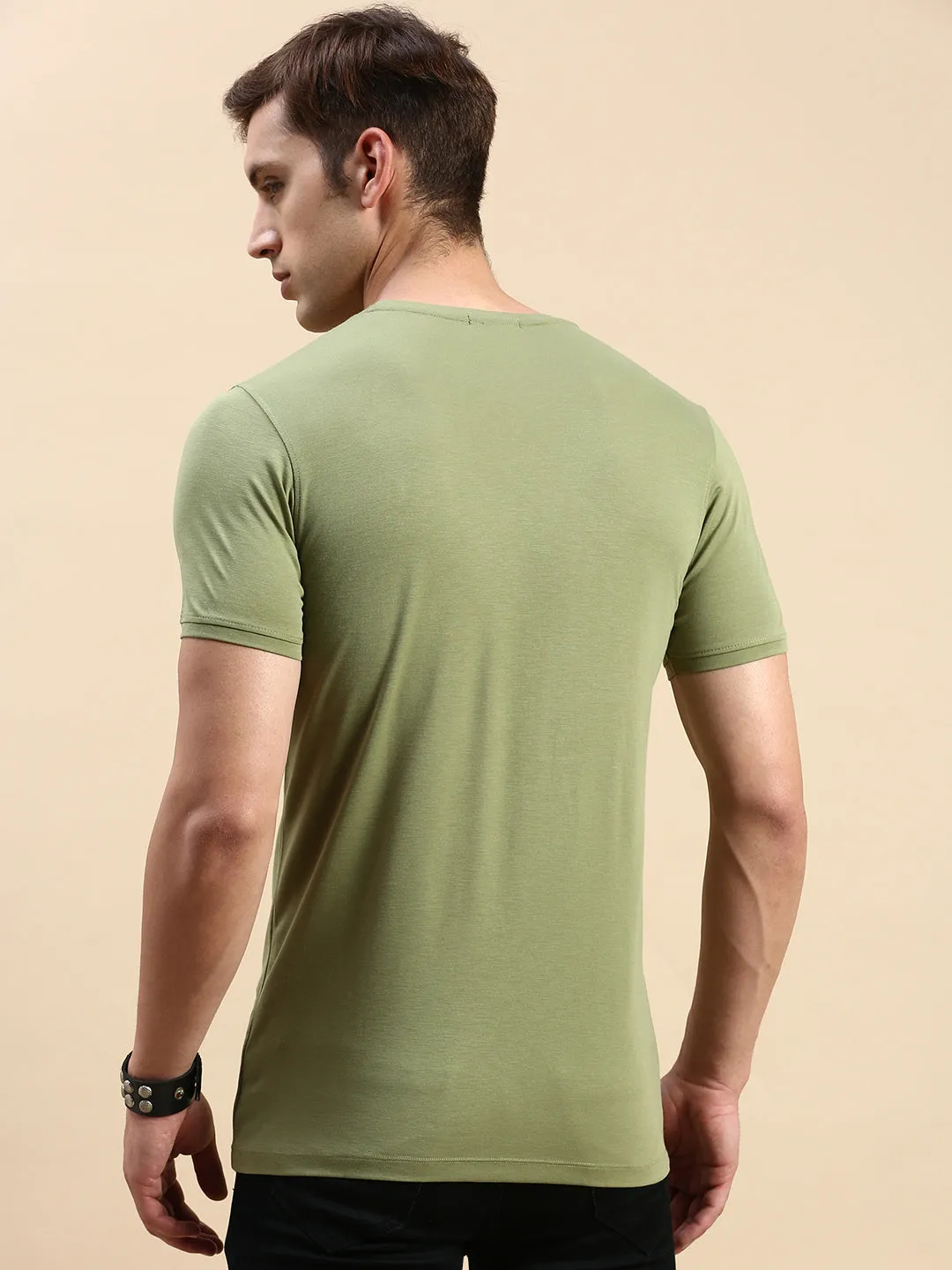 Men's Olive Typography Printed Slim Fit T-shirt Cozy Comfort