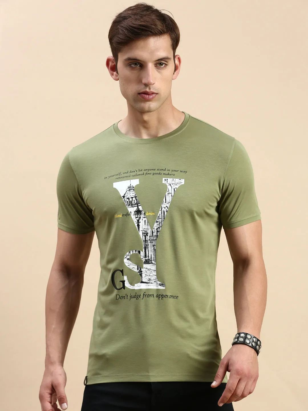 Snug Fit Men's Olive Typography Printed Slim Fit T-shirt