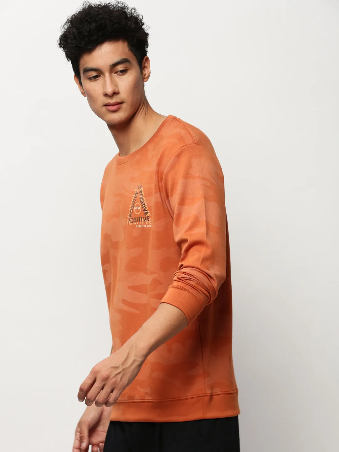 Lounge Style Cold Weather Men's Orange Camouflage Printed Cotton Pullover