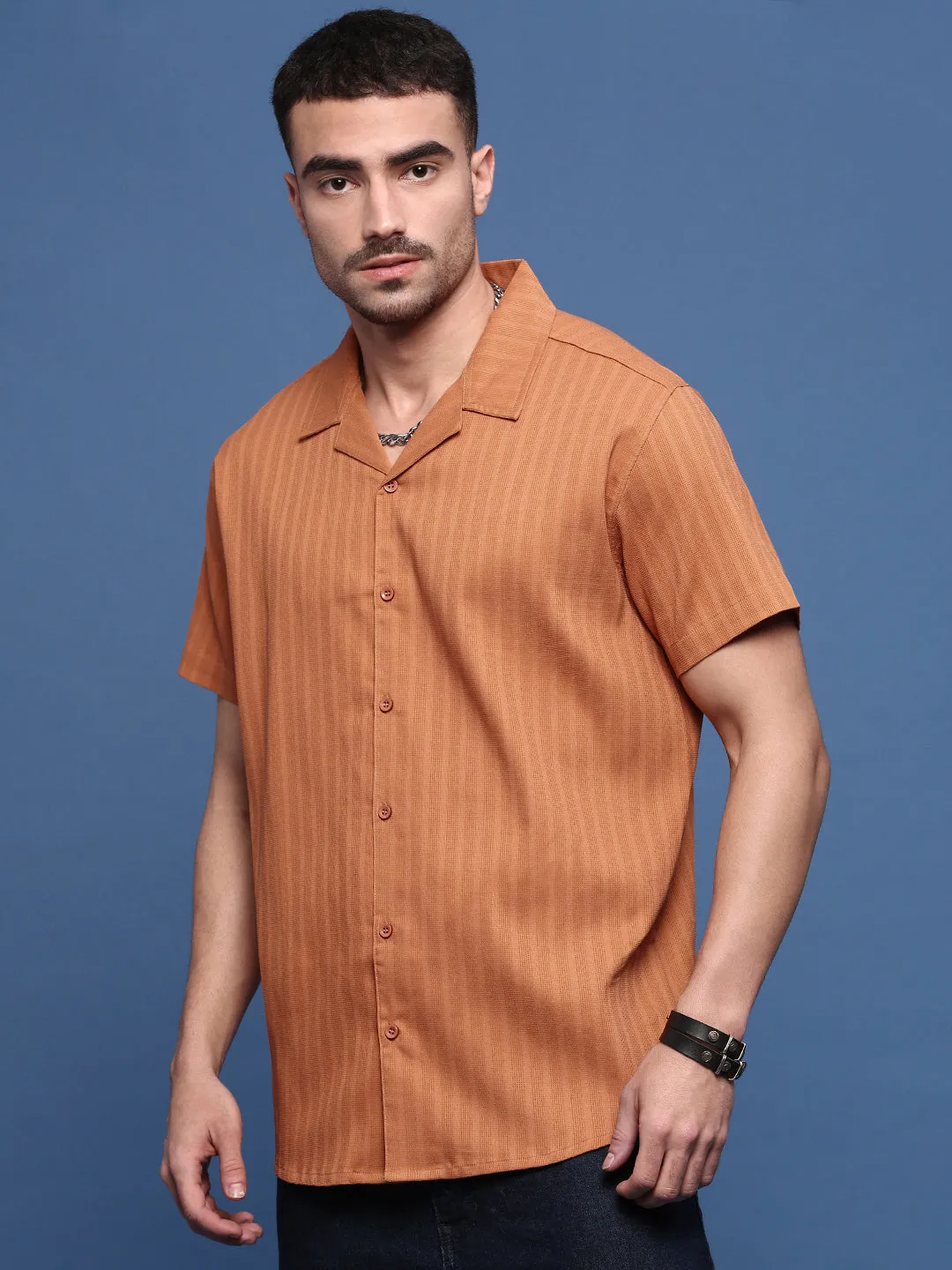 Men's Orange Solid Cuban Collar Shirt DurableWeave Breathable mesh