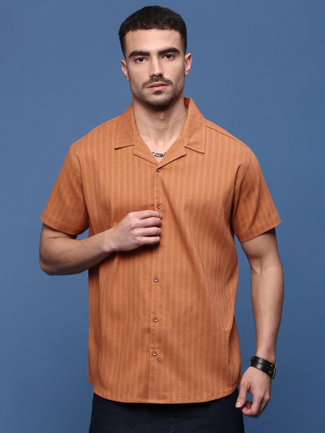 Thick Fiber Men's Orange Solid Cuban Collar Shirt