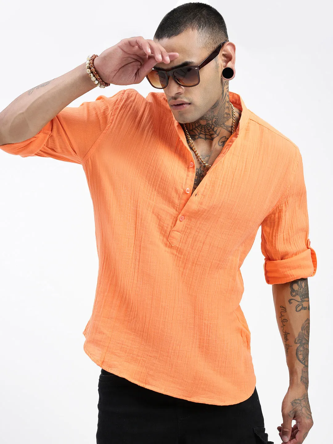 Comfortable Wear Men's Orange Solid Shirt