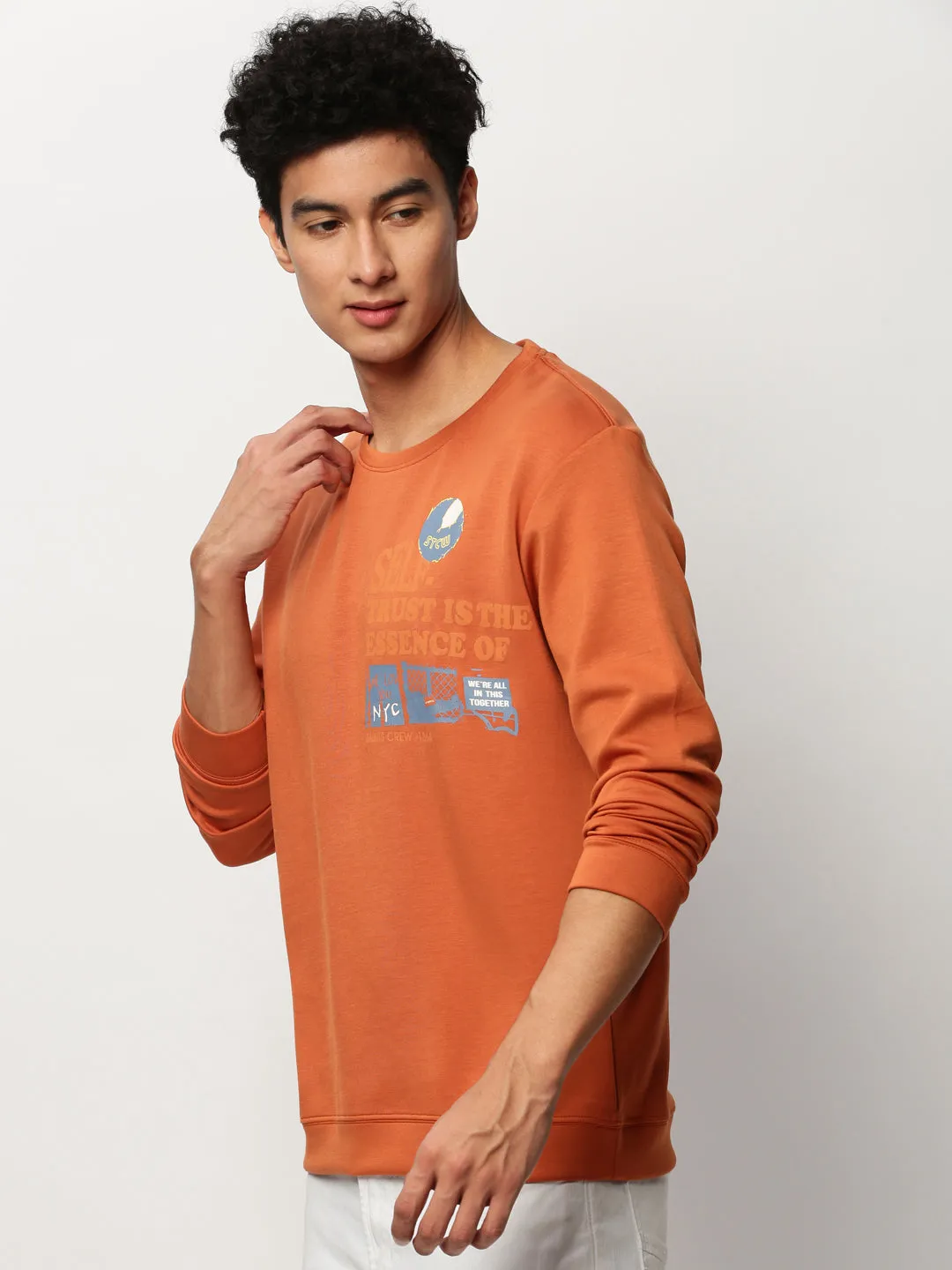 Men's Orange Typography Printed Casual Sweatshirt Yoga Friendly Bow Accents