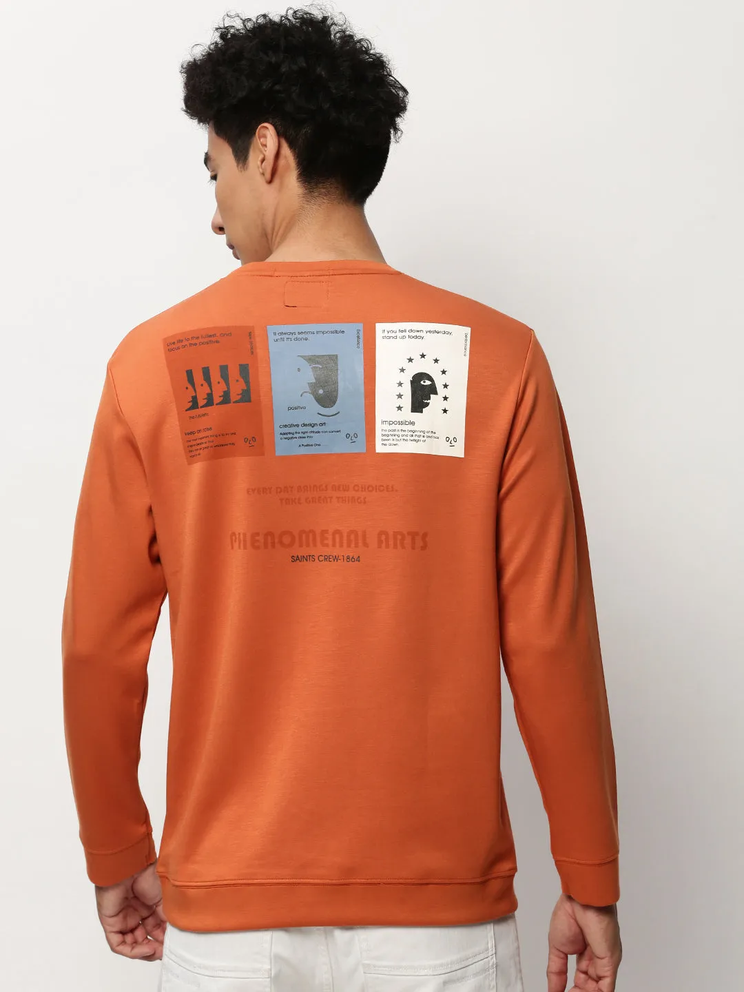 Men's Orange Typography Printed Casual Sweatshirt Essential Chic Long Sleeve