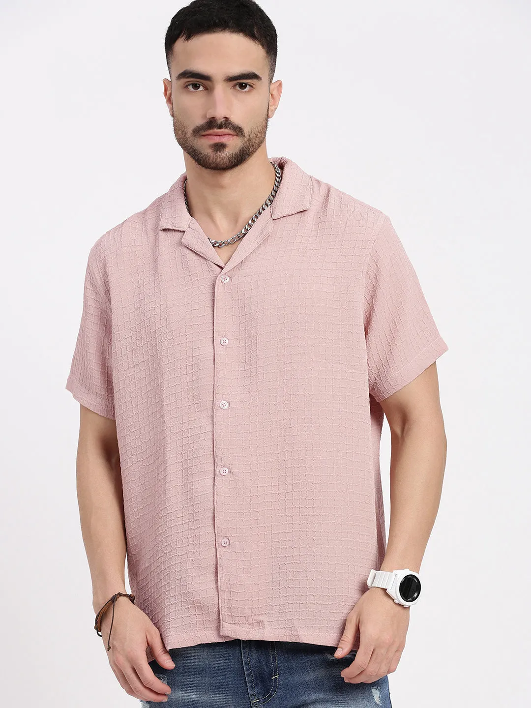 Casual Style Men's Peach Comfort Cuban Collar Solid Crepe Relaxed Fit Casual Shirt