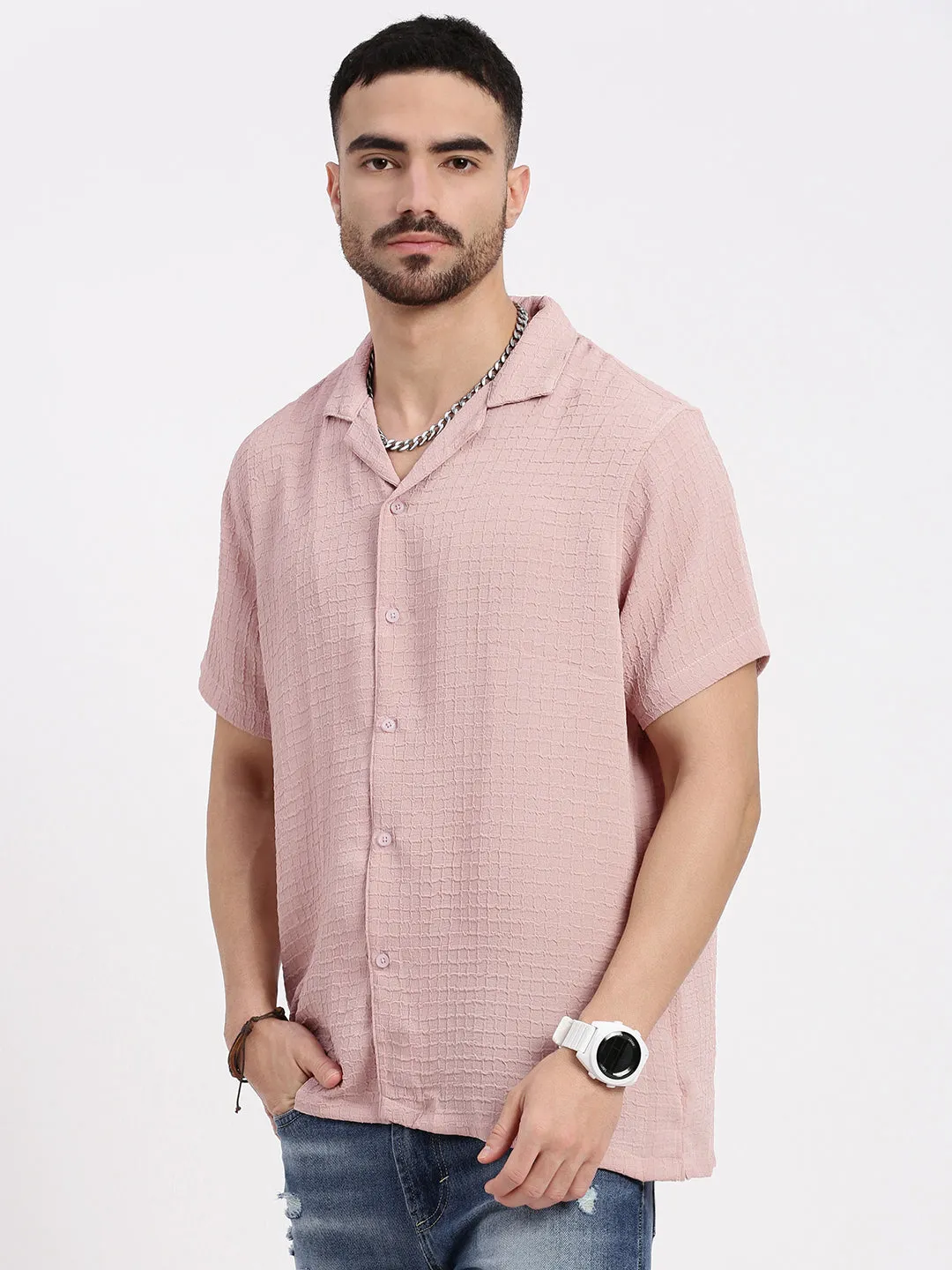 Men's Peach Comfort Cuban Collar Solid Crepe Relaxed Fit Casual Shirt ShockAbsorbent Padding NonRestrictiveSilhouette