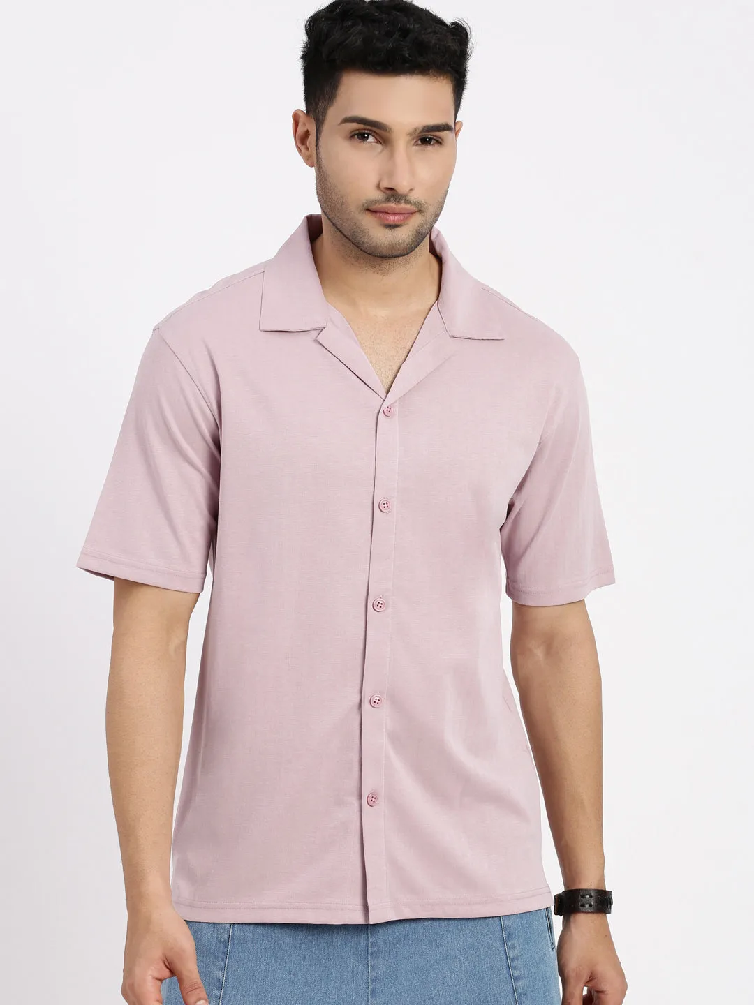 Tagless Design Italian Flair Men's Peach Cuban Collar Solid Shirt