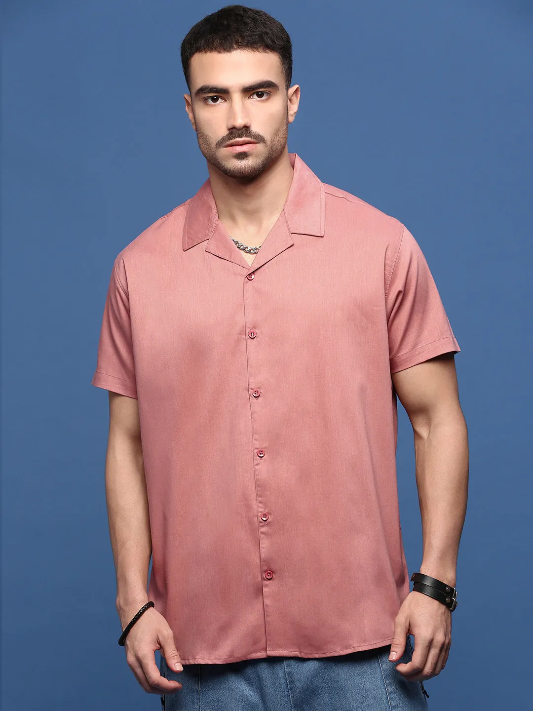 Men's Peach Cuban Collar Standard Opaque Casual Shirt All-Occasion Wear