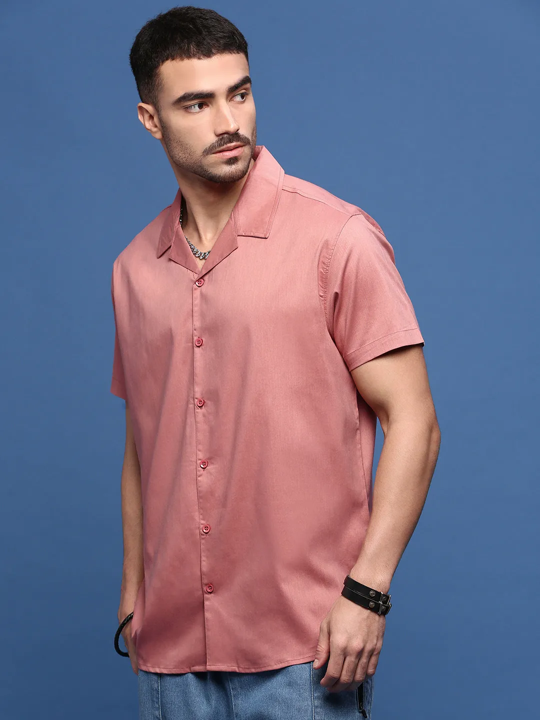 StaticResistant Mom Soft Men's Peach Cuban Collar Standard Opaque Casual Shirt